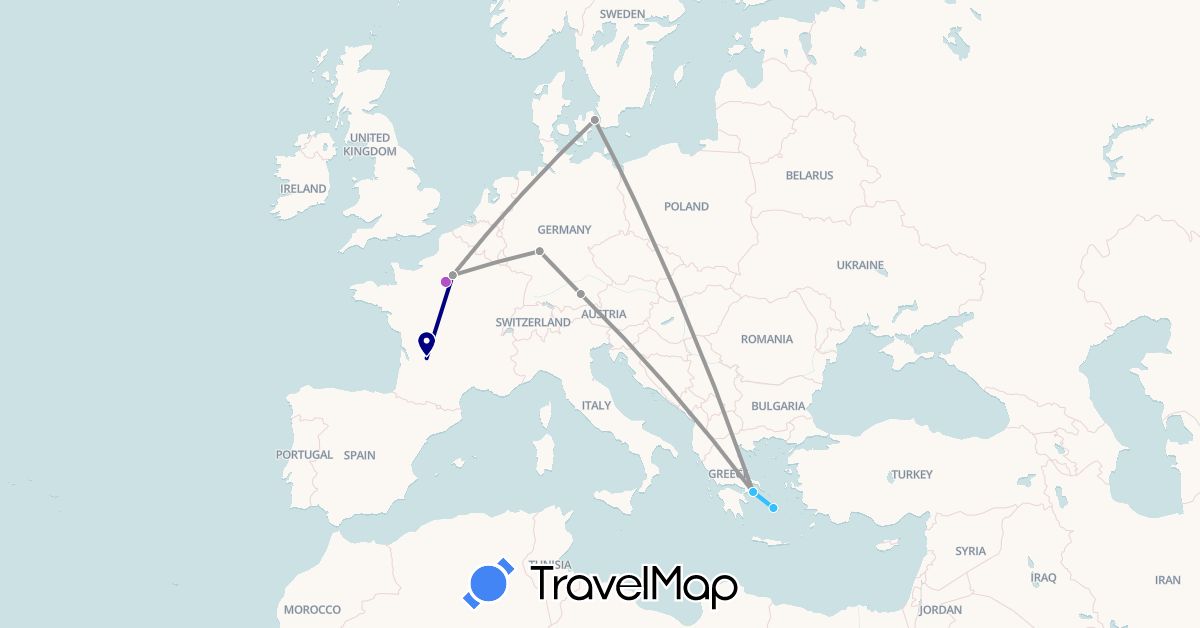 TravelMap itinerary: driving, plane, train, boat in Germany, Denmark, France, Greece (Europe)